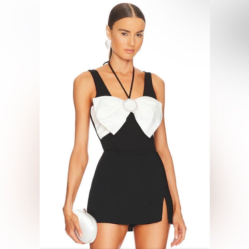 NBD Cella Bodysuit Black & Ivory giant bow top rhinestone going out Revolve S